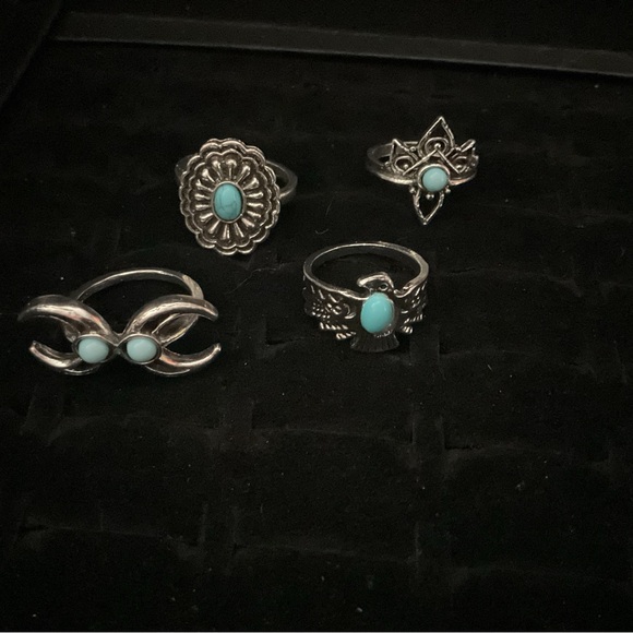New x4 Silver Tone Ring Synthetic Turquoise Moon Bird Boho Fashion Set Size 5/6 - Picture 5 of 6